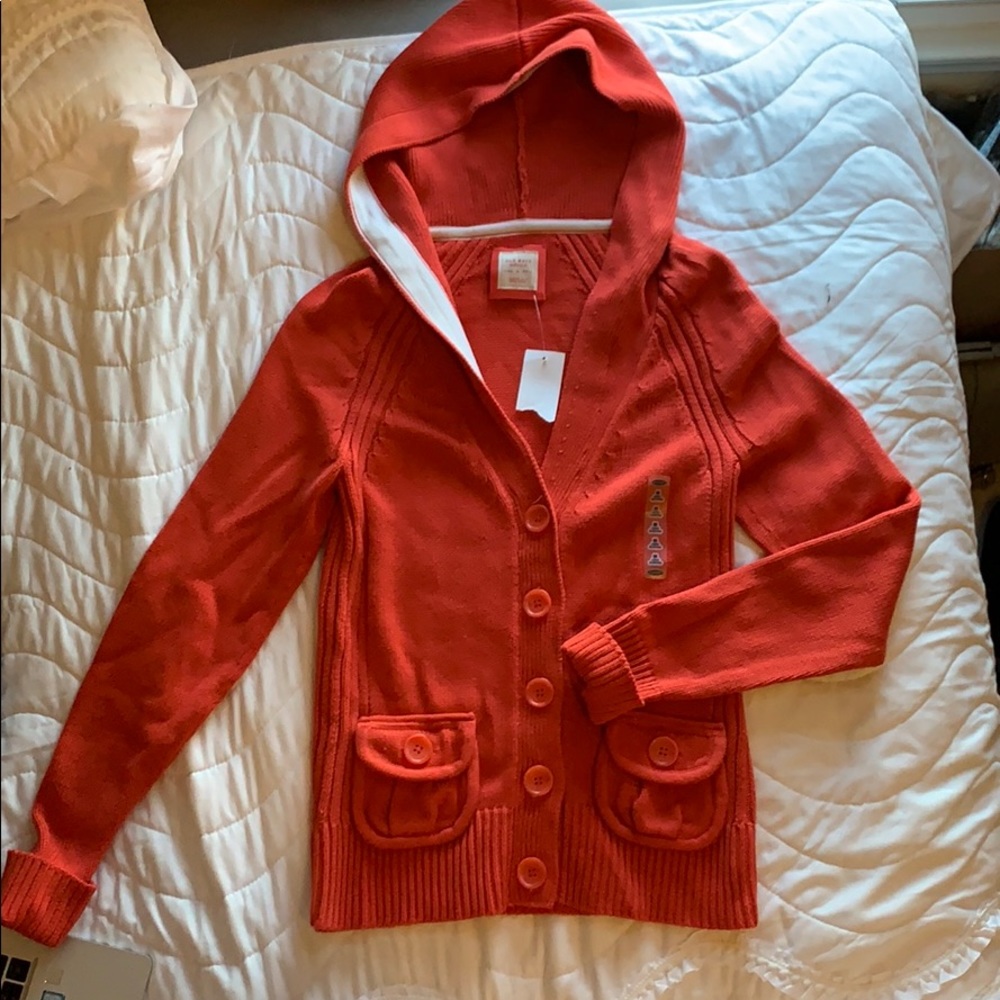 Pink/coral old navy sweater with buttons and hood!